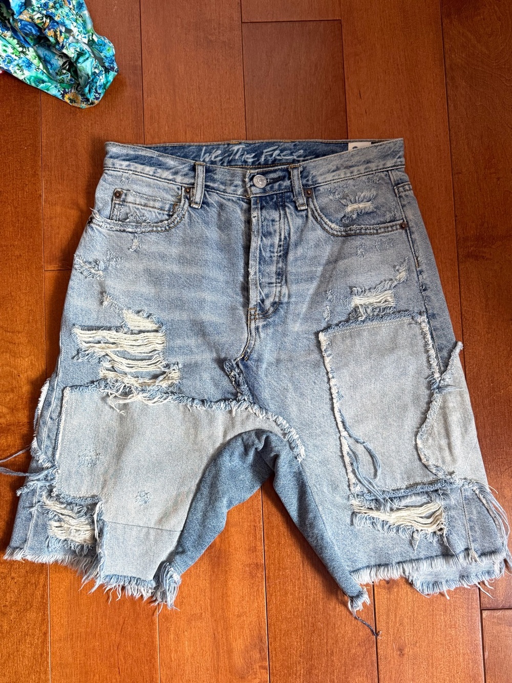 Free People Light Blue Distressed Patchwork Jean Shorts